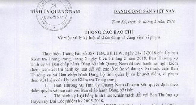 Thông cáo báo chí của Tỉnh ủy Quảng Nam về việc kỷ luật cán bộ.