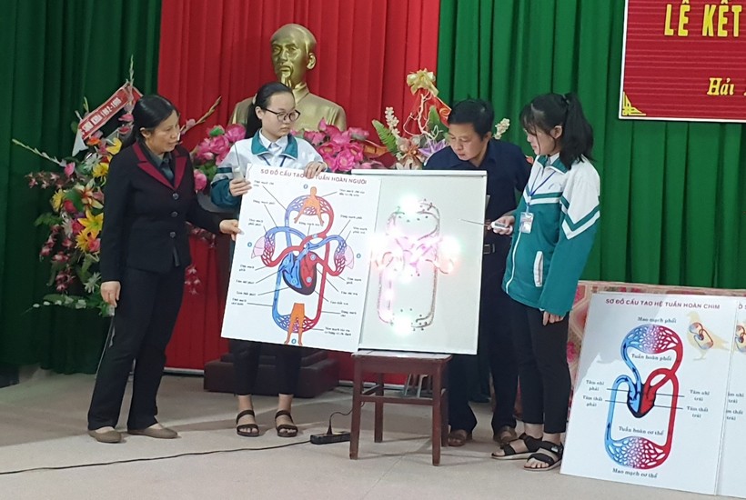 NGƯT Nguyễn Thị Lan (bên trái, ngoài cùng) hướng dẫn 2 HS đạt giải xuất sắc tại cuộc thi KHKT tỉnh năm 2021