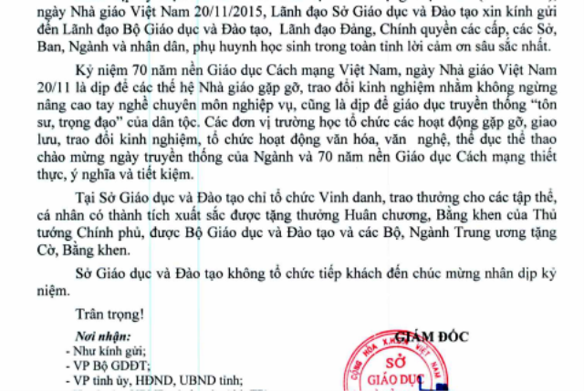 Văn bản số 2403/SGDĐT-VP ký ngày 6/11 thông báo việc không tiếp khách nhân Kỷ niệm 70 năm nền Giáo dục Cách mạng Việt Nam và ngày nhà giáo Việt Nam 20/11