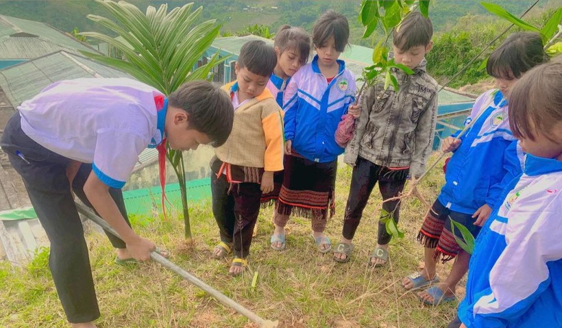 Học sinh Trường Phổ thông dân tộc bán trú Tiểu học - THCS Trà Nam tham gia hoạt động Tết trồng cây. 