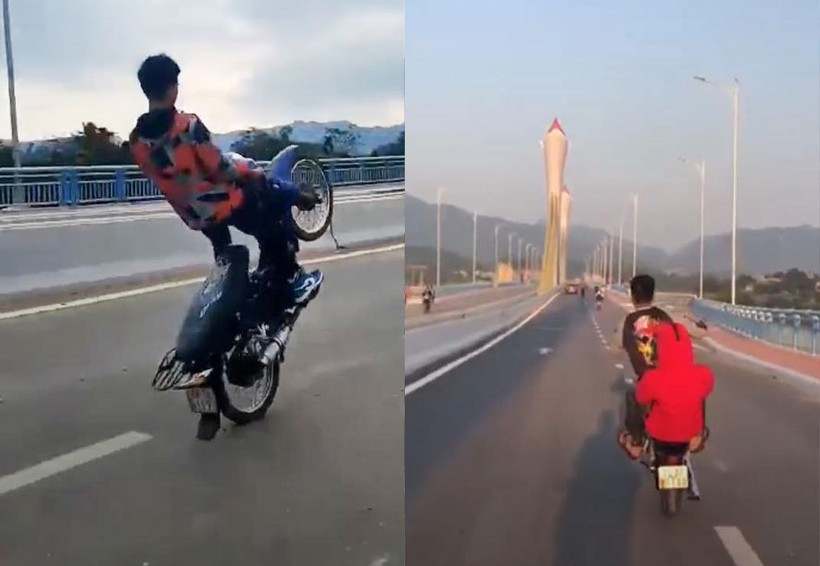 Hai nam thanh niên “bốc đầu” xe máy trên cầu bị xử lý