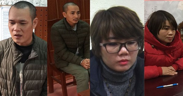 Các đối tượng: Ngô Văn Quang, Vũ Văn Thành, Hoàng Thu Nguyệt và Triệu Thị Quỳnh (từ trái qua phải) tại cơ quan điều tra.