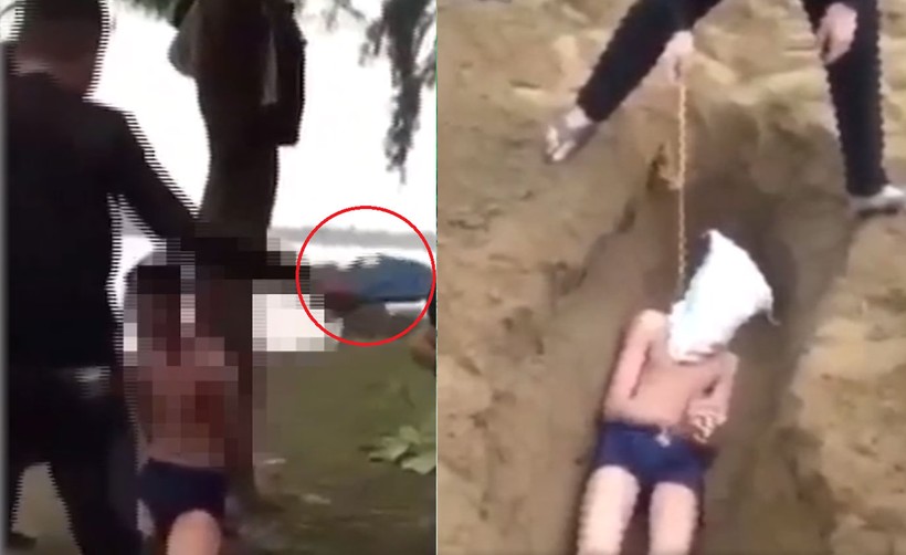 Hình ảnh nhóm người hành hung, ép nam thanh niên xuống hố "chôn sống" được cắt từ clip gây xôn xao mạng xã hội.