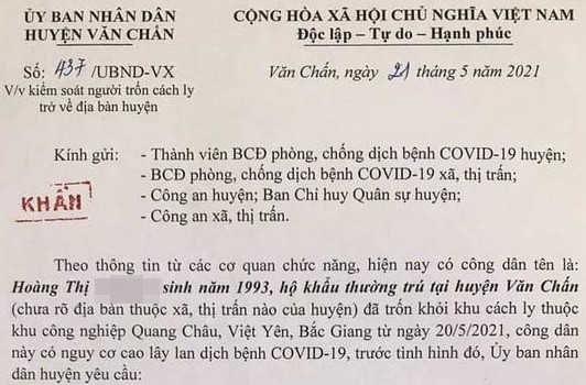 Văn bản khẩn của UBND huyện Văn Chấn tìm kiếm nữ công nhân trốn khỏi khu cách ly ở Bắc Giang.