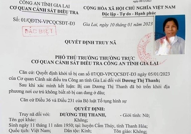 Quyết định truy nã Dương Thị Thanh của cơ quan công an.