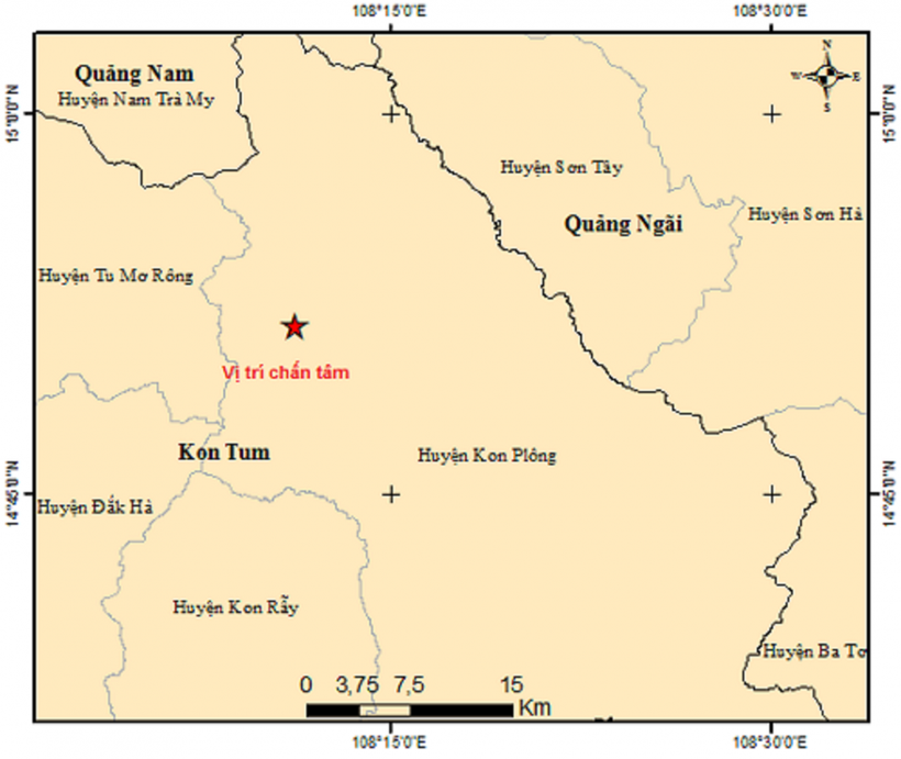 Trận động đất mới nhất xảy ra tại huyện Kon Plông. Ảnh: Viện Vật lý địa cầu.