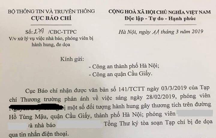 Văn bản của Cục Báo chí gửi cơ quan chức năng TP. Hà Nội.