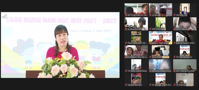 Cô Vũ Ngọc Dự - Hiệu trưởng trường Mầm non Ánh Sao chia sẻ trong lễ khai giảng trực tuyến.
