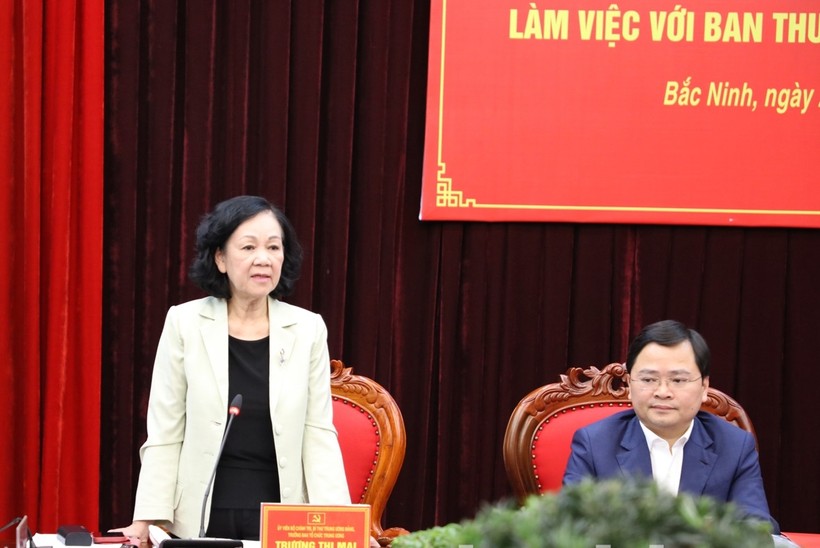 Trưởng Ban Tổ chức Trung ương - Trương Thị Mai phát biểu chỉ đạo tại buổi làm việc.