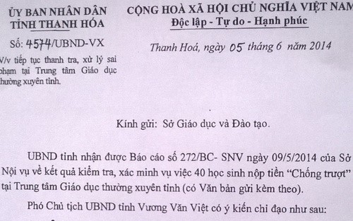 Văn bản chỉ đạo xác minh vụ việc của UBND tỉnh Thanh Hóa. Ảnh: Nguyễn Quỳnh