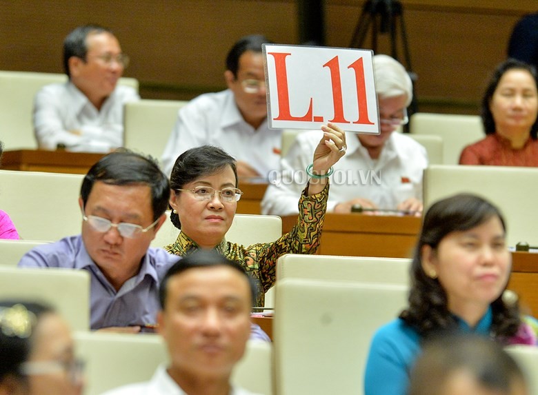 Đại biểu Quốc hội giơ biển tranh luận tại phiên chất vấn Bộ trưởng Đào Ngọc Dung