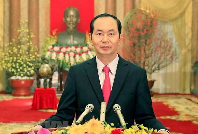 Chủ tịch nước Trần Đại Quang chúc Tết đồng bào, chiến sĩ cả nước và kiều bào Việt Nam ở nước ngoài. (Ảnh: Nhan Sáng/TTXVN)