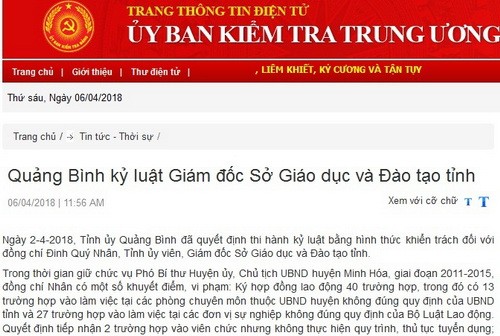 Giám đốc Sở GD&ĐT Quảng Bình bị kỷ luật