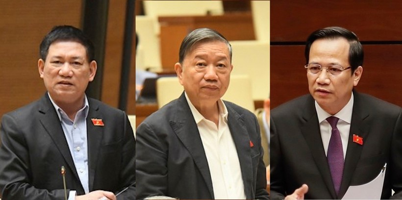 Từ phải qua trái: Bộ trưởng Bộ Lao động Thương binh và Xã hội Đào Ngọc Dung, Bộ trưởng Bộ Công an Tô Lâm, Bộ trưởng Bộ trưởng Bộ Tài chính Hồ Đức Phớc 