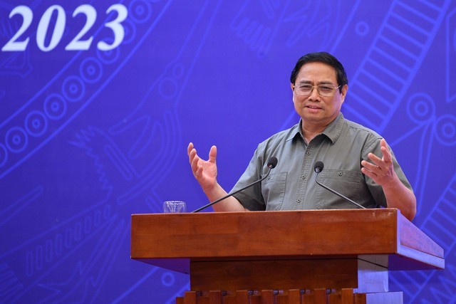 Thủ tướng Phạm Minh Chính phát biểu tại Hội nghị tổng kết năm học 2022-2023 và triển khai năm học 2023-2024. 