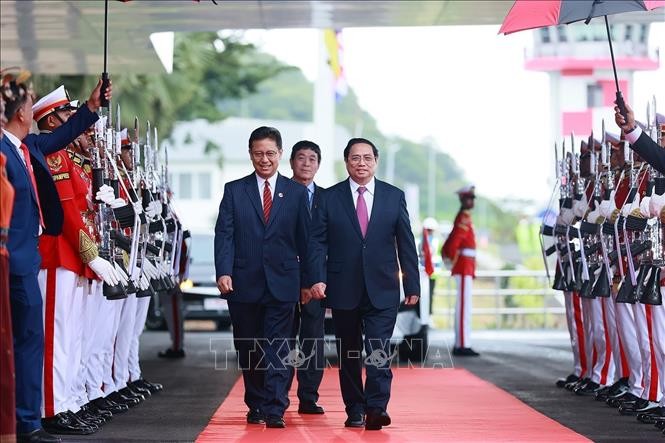 Lễ đón Thủ tướng Phạm Minh Chính tại Labuan Bajo, Indonesia. Ảnh: Dương Giang/TTXVN