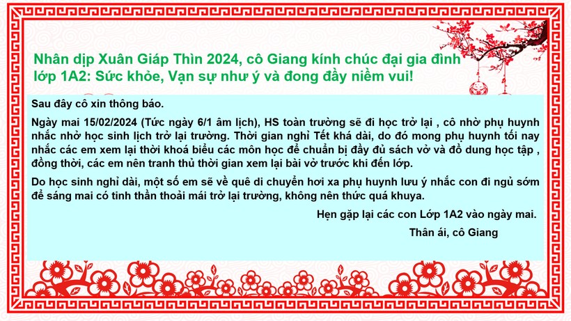 Cô Phạm Hương Giang, giáo viên Trường Tiểu học Thành Công A (quận Đống Đa, Hà Nội) đã trực tiếp nhắn vào nhóm zalo của lớp nhắc nhở phụ huynh về lịch trở lại trường của con. Ảnh NVCC.