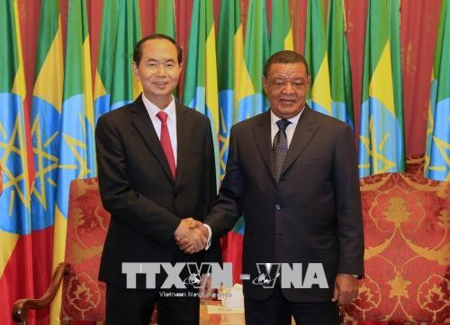 Chủ tịch nước Trần Đại Quang và Tổng thống Mulatu Teshome bắt tay trước hội đàm hẹp.