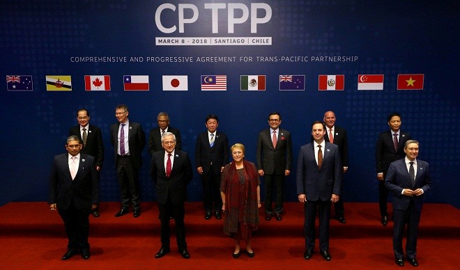 Đại diện các nước thành viên CPTPP tại lễ ký kết hiệp định ngày 8/3/2018 tại Santiago, Chile. Ảnh: Reuters