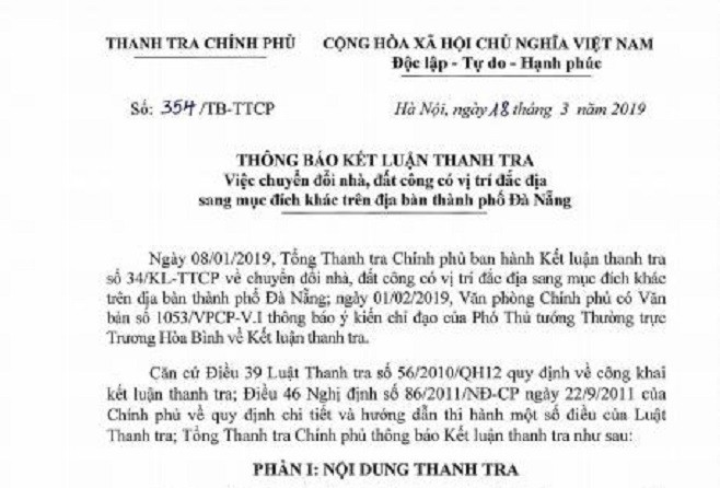 Thanh tra Chính phủ ra Thông báo kết luận thanh tra việc chuyển đổi nhà, đất công có vị trí đắc địa sang mục đích khác trên địa bàn TP Đà Nẵng.