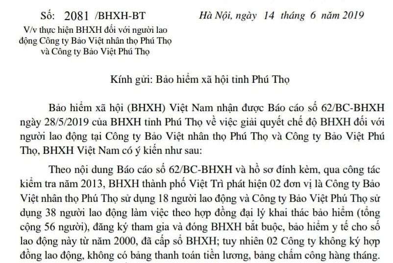 Công văn của BHXH Việt Nam gửi BHXH Phú Thọ.