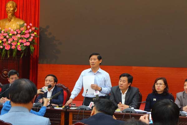 Phó Trưởng Ban tuyên giáo Thành ủy Hà Nội Phạm Thanh Học phát biểu tại buổi thông tin báo chí.
