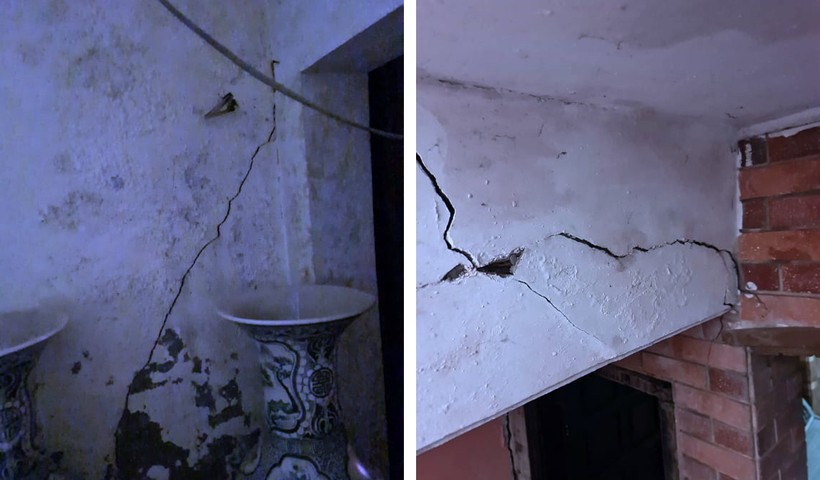 Các vết nứt tường xuất hiện tại khu nhà các hộ đang sinh sống gây nguy hiểm đến tính mạng người dân.
