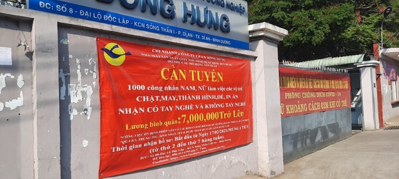 Công ty CP Đông Hưng tại KCN Sóng Thần thông báo tuyển 1.000 nhân sự ngay sau Tết Nguyên đán.