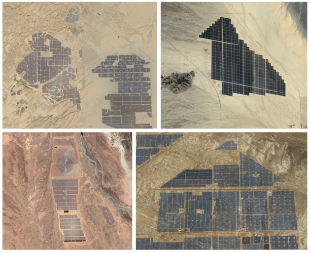 Theo chiều kim đồng hồ từ góc trái: Công viên mặt trời Bhadla ở Ấn Độ, trang trại mặt trời sa mạc 
Sublight ở Mỹ, công viên mặt trời Hainanzhou ở Trung Quốc và công viên mặt trời Ouarzazate 
ở Morocco.