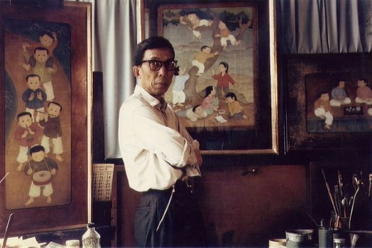 Danh họa Mai Trung Thứ trong phòng vẽ của ông ở Vanves, 1964. 