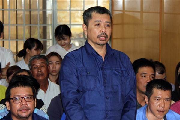Các bị cáo Thới, Thái, Chân tại phiên tòa sơ thẩm năm 2018.