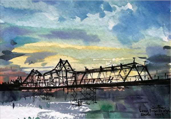 Cầu Long Biên được khởi công xây dựng năm 1898 và hoàn thành năm 1902. Tranh: Sutien Lokulprakit
