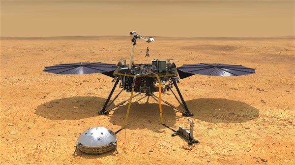 Hình minh họa tàu InSight của NASA cùng các thiết bị được triển khai trên sao Hỏa.