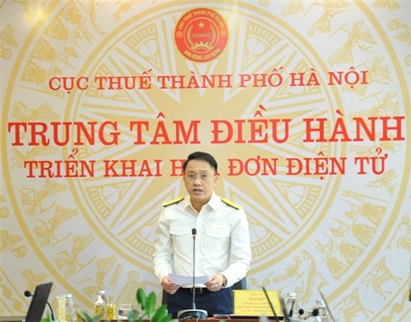 Ông Mai Sơn, Cục trưởng Cục Thuế Hà Nội phát biểu khai trương Trung tâm điều hành triển khai hóa đơn điện tử.