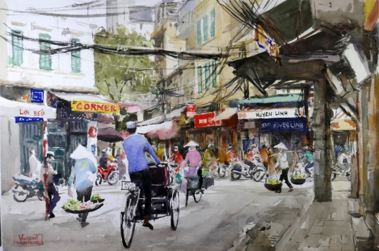 Vincent vẽ về một con phố ở Hà Nội.