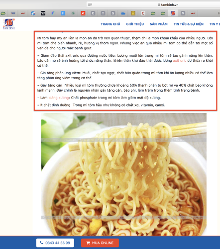 Nội dung khuyến cáo ăn mì tôm có hại cho sức khoẻ đăng trên trang tambinh.vn.