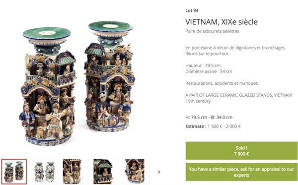 Thông tin cặp đôn gốm cây mai trên trang web của nhà đấu giá Asium (Paris – Pháp).