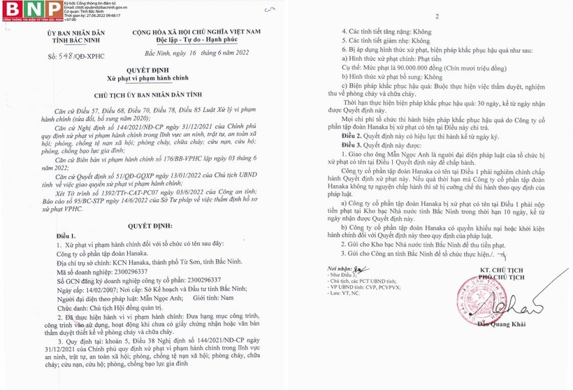 Quyết định xử phạt của UBND tỉnh Bắc Ninh đối với Tập đoàn Hanaka.