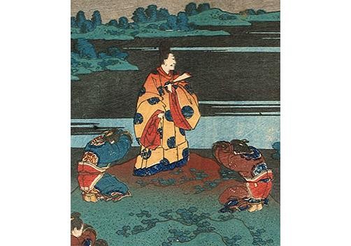 Tranh vẽ Abe-no Nakamaro mặc quốc phục Nhật Bản trong loạt tranh khắc gỗ kiểu ukiyo-e của Hokusai. Nguồn: Scholten-Japanese-Art.