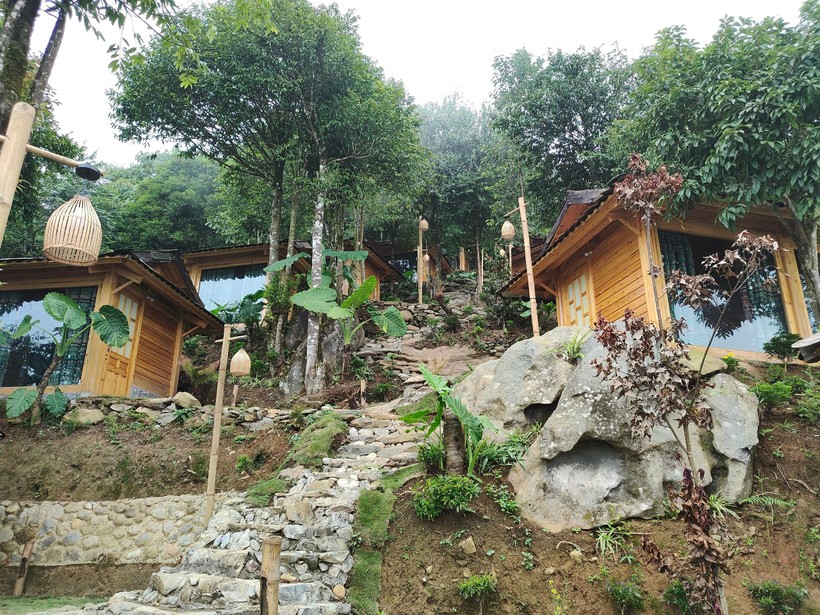 Các căn phòng lưu trú lẩn khuất dưới tán cây. Cơ sở lưu trú homestay này được cho là của gia đình ông Nguyễn Viết Sơn (1/5 hộ vi phạm vào đất quy hoạch 3 loại rừng theo Báo cáo 290 của UBND huyện).