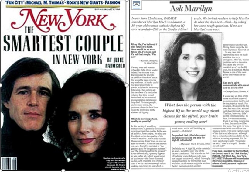 Ảnh vợ chồng vos Savant trên bìa tạp chí NewYork và chuyên mục 'Hỏi Marilyn' của tờ Parade.
