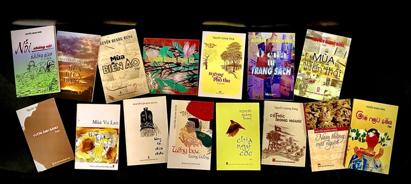 Bìa các cuốn sách của nhà thơ, nhà báo Nguyễn Quang Hưng. Ảnh: NVCC