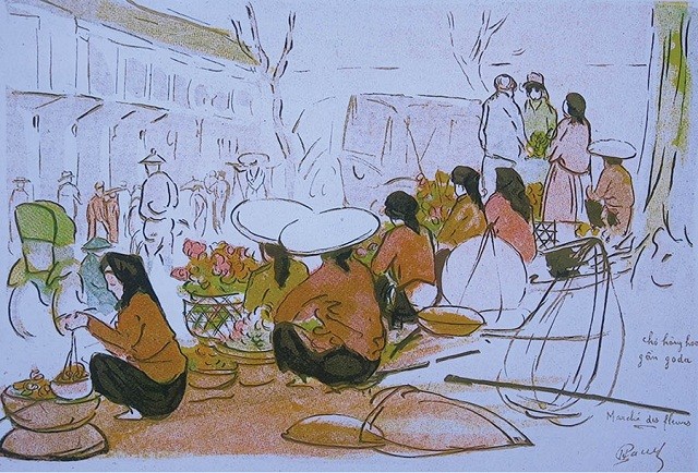 Người bán hàng rong cùng tiếng rao in sâu trong tiềm thức người Hà Nội. (Tranh chụp từ triển lãm 'Gánh hàng rong và những tiếng rao trên đường phố Hà Nội').