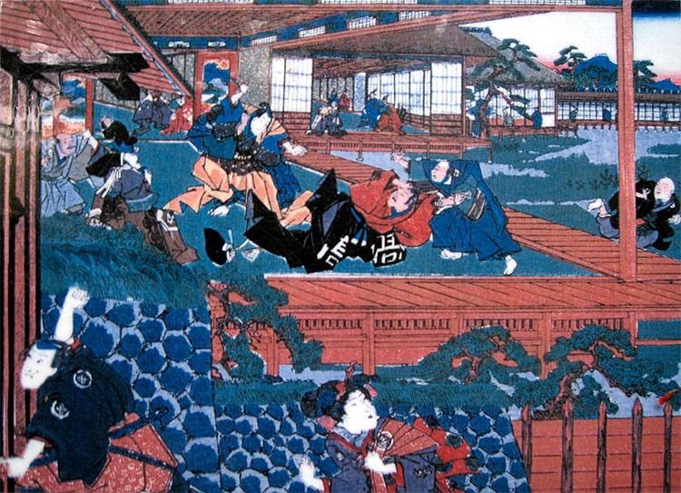 Tranh vẽ mô tả cuộc tấn công rửa thù của nhóm Akō-rōshi. Ảnh: Wikipedia.org