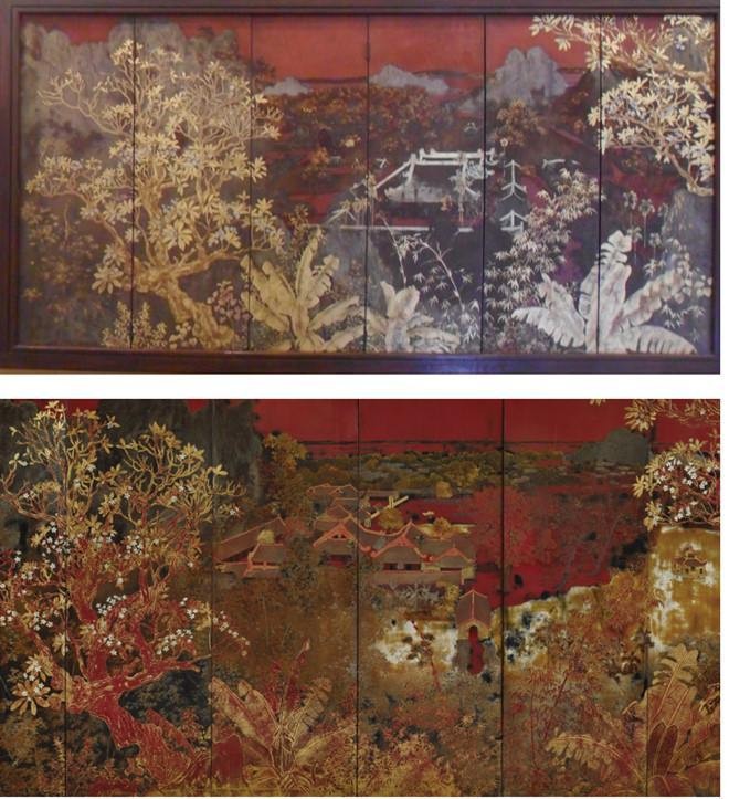 Tranh của Hoàng Tích Chù (trên) tại Bảo tàng Mỹ thuật Việt Nam, tranh (dưới) nhái lại đem đấu giá tại Hồng Kông và đề tên của Nguyễn Gia Trí. Ảnh: ITN.