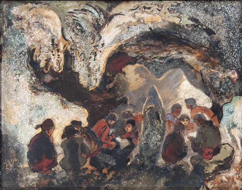 Tranh sơn mài 'Lớp học trong hang' (1990) của Trần Tuấn Lân. Ảnh chụp lại.