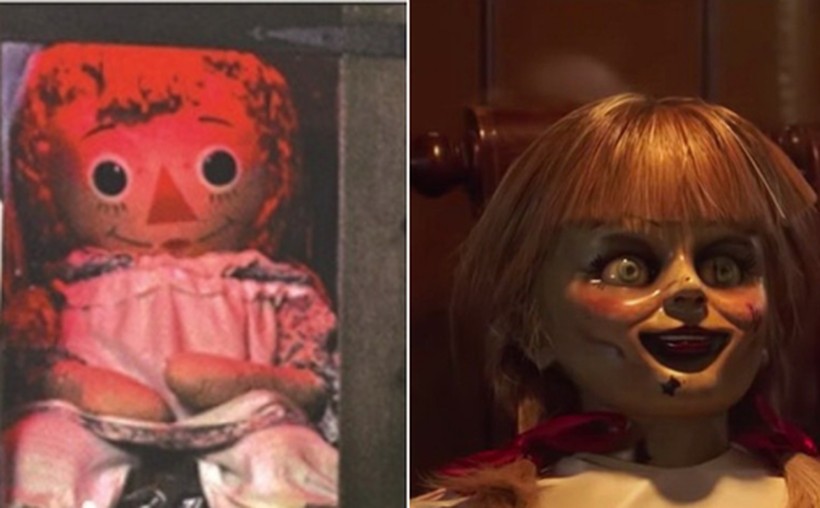 Búp bê Annabelle đời thực (trái) và trong phim. 