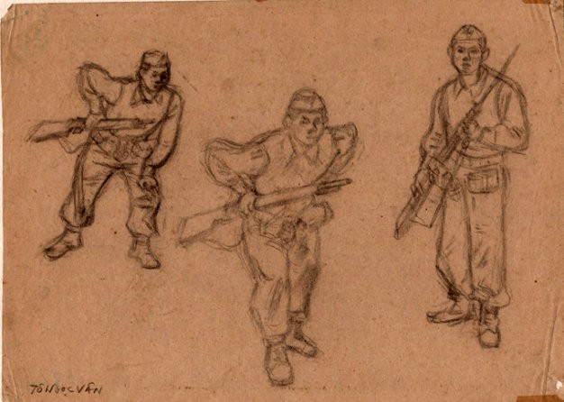 Họa sĩ Tô Ngọc Vân ký họa các chiến sĩ trung đoàn Thủ đô - khoảng những năm 1949.