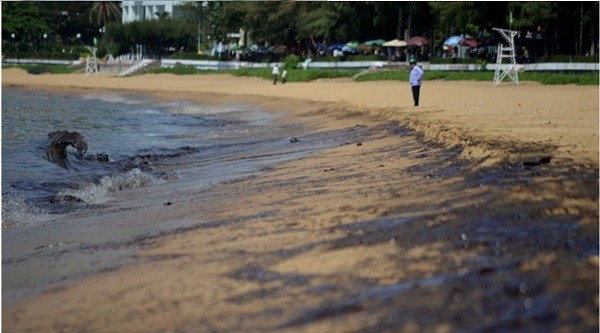 Dầu tràn đậm đặc trôi dạt vào các lồng nuôi thủy sản ở phường Hải Cảng, TP Quy Nhơn (Bình Định) khiến tôm, cá chết nổi trên mặt nước.