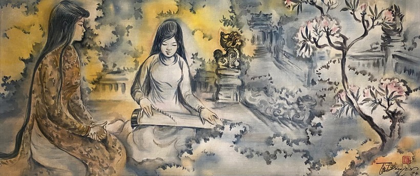 Phụ nữ mặc áo dài, nhạc cụ dân tộc và hoa luôn là chủ đề chính trong các sáng tác của họa sĩ Tú Duyên.
